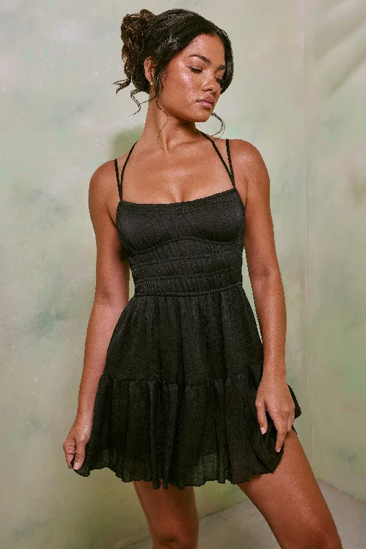 Mini dress with adjustable straps -Shirred Bodice A-Line Mini Dress in Black