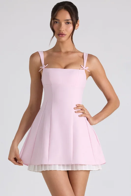 Mini dress for a romantic dinner -Bow-Detail Pleated A-Line Mini Dress in Soft Pink