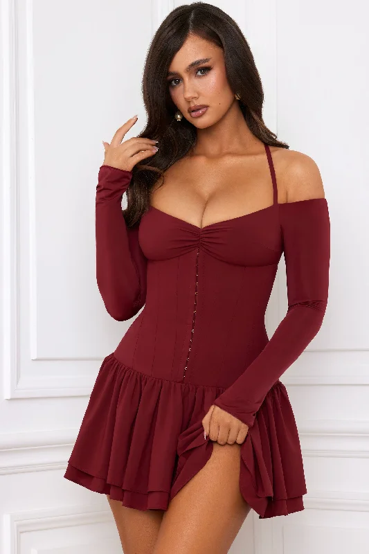 Mini dress with wrap design -Off-Shoulder Tiered Corset Mini Dress in Berry Red