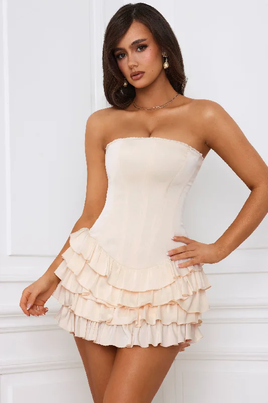 Mini dress with ribbed texture -Bandeau Ruffled Tiered Corset Mini Dress in Ivory