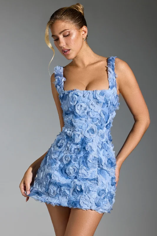 Mini dress for graduation -Floral-Appliqué Corset Mini Dress in Blue