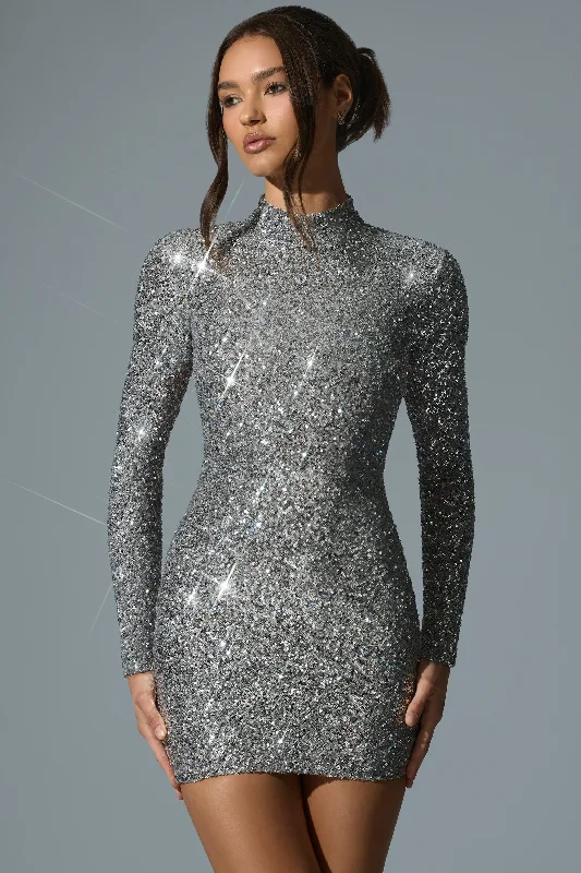 Mini dress with deep back -Embellished Open-Back Mini Dress in Silver