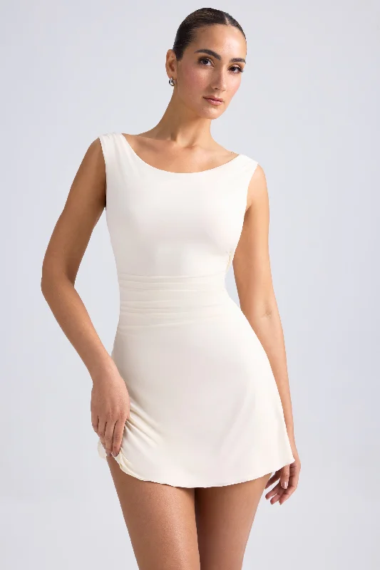 Mini dress for winter -Off-Shoulder Cowl-Back A-Line Mini Dress in Ivory