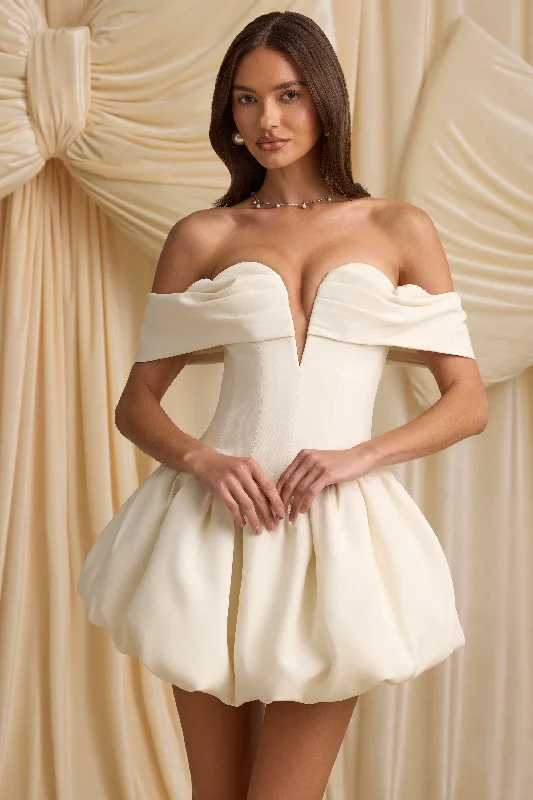 Mini dress for formal event -Off-Shoulder Layered Bubble Hem Corset Mini Dress in Ivory