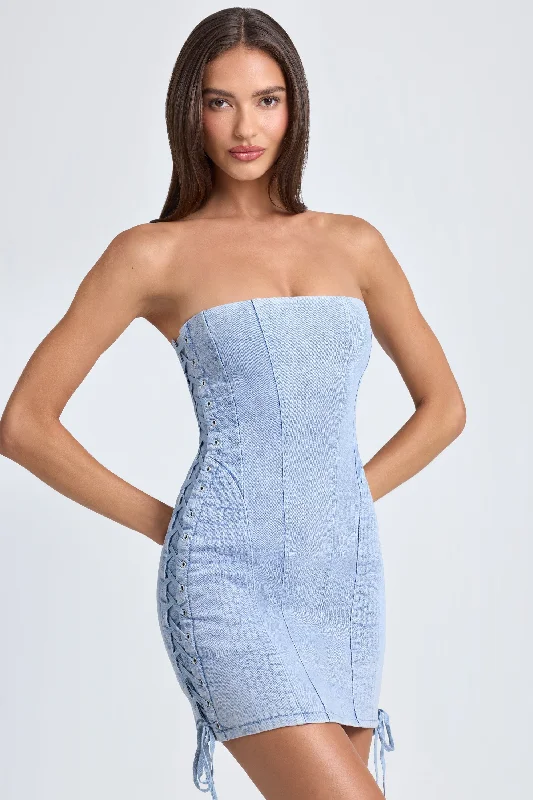 Mini dress for vacation -Bandeau Lace-Up Mini Dress in Light Blue Stonewash