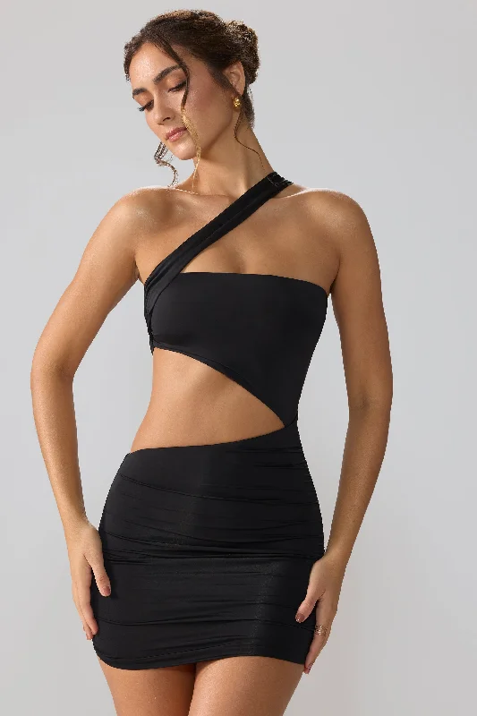 Mini dress with wrap design -Slinky Jersey Ruched Cut Out Mini Dress in Black