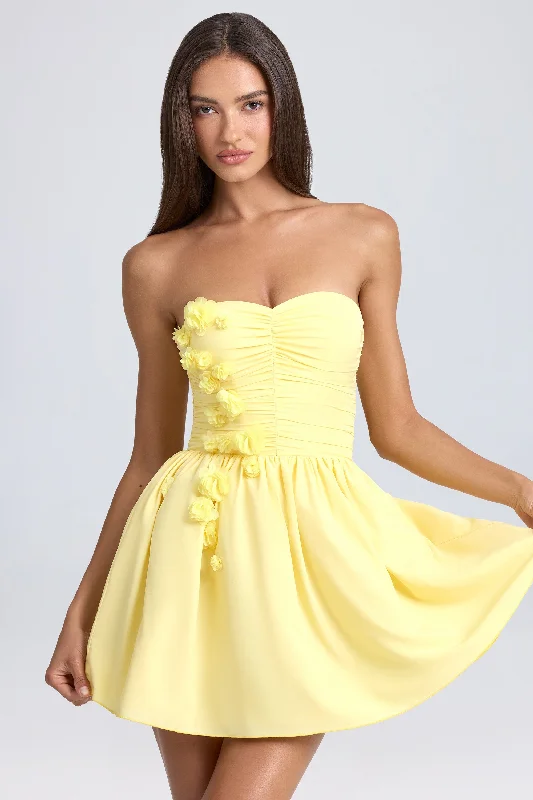 Mini dress with satin ribbons -Bandeau Floral-Appliqué Corset Mini Dress in Lemon Sherbet