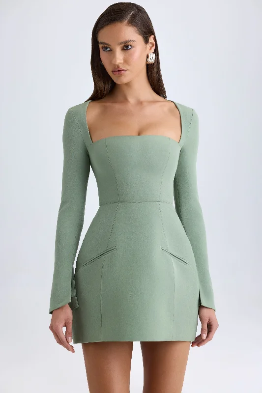 Mini dress with pleated skirt -Square-Neck Structured Tulip Mini Dress in Khaki Green