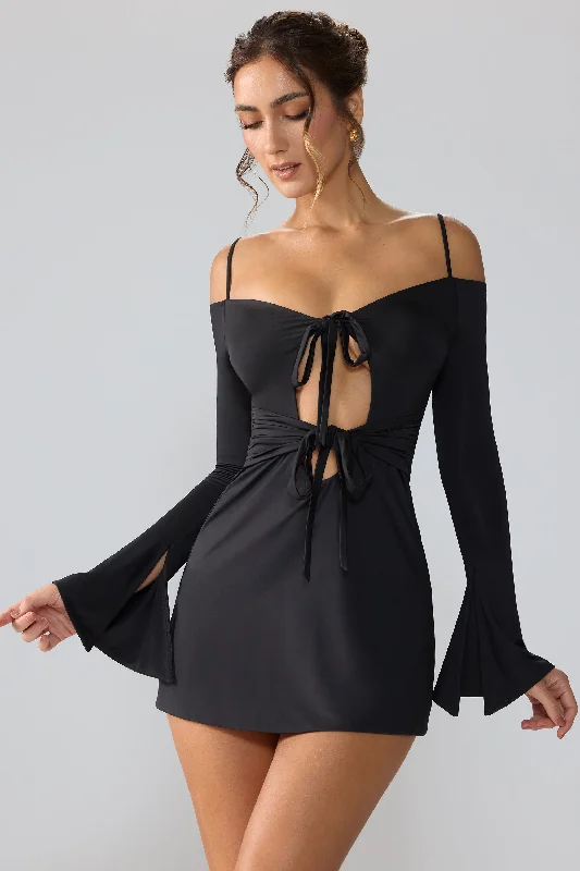 Mini dress for casual wear -Slinky Jersey Long Sleeve Cut Out Mini Dress in Black