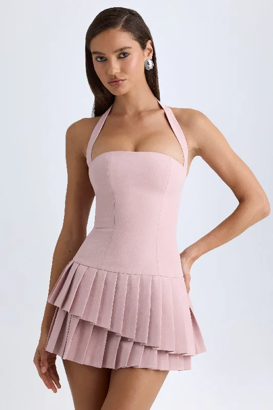 Mini dress with pockets -Asymmetric Layered Halterneck Mini Dress in Pink Mauve