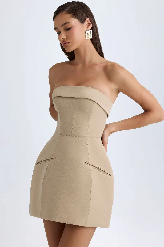 Mini dress with adjustable straps -Foldover-Neck Structured Tulip Mini Dress in Camel