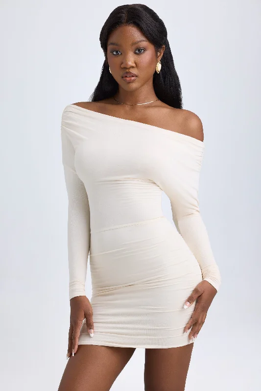 Mini dress with feather accents -Modal Off-Shoulder Ruched Mini Dress in Ivory