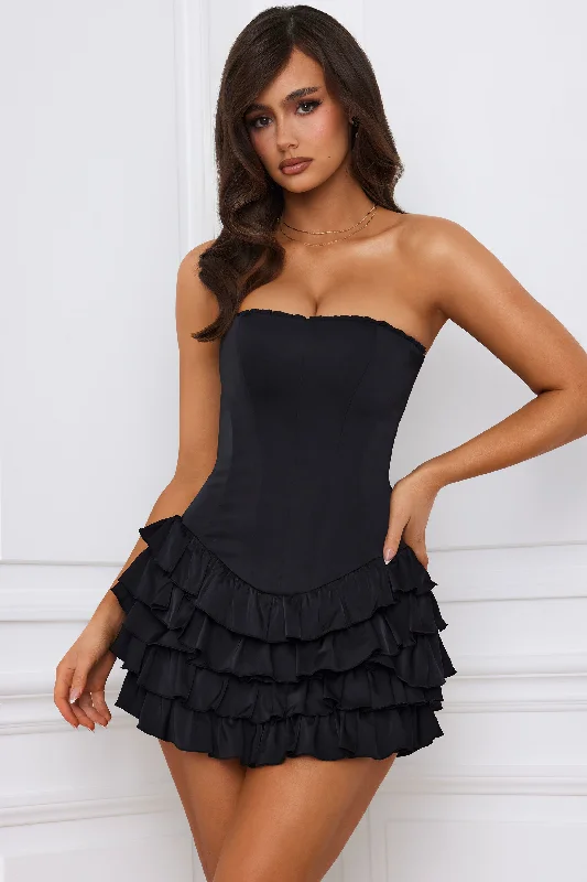 Mini dress with deep back -Bandeau Ruffled Tiered Corset Mini Dress in Black