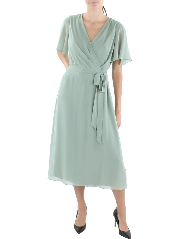 Midi dress for beach wedding -Womens Surplice Mid Calf Midi Dress