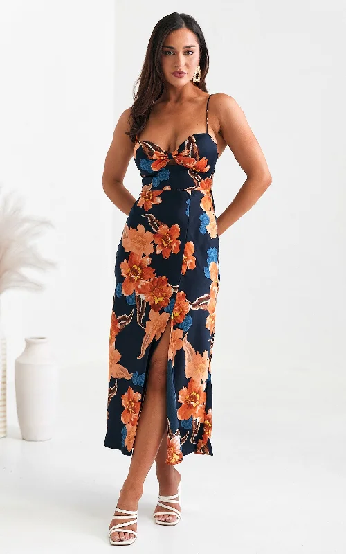 Maxi dress for cocktail hour -Lyla Maxi Dress - Navy Orange Floral