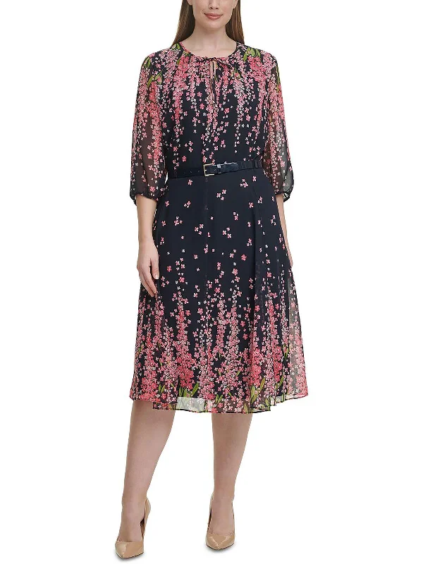 Midi dress with a fit and flare style -Plus Womens Floral Printed Calf Midi Dress