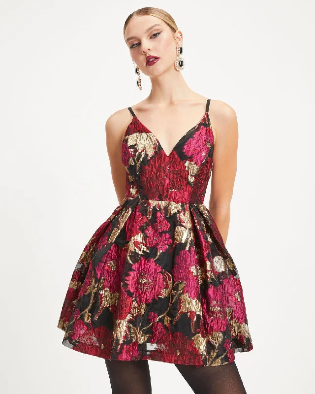 Mini dress with ruffles -Fairest Of Them All Floral Metallic Organza Mini Dress