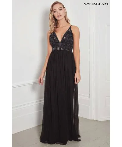 Maxi dress with bodycon fit -Black Plunge Embellished Maxi Dress