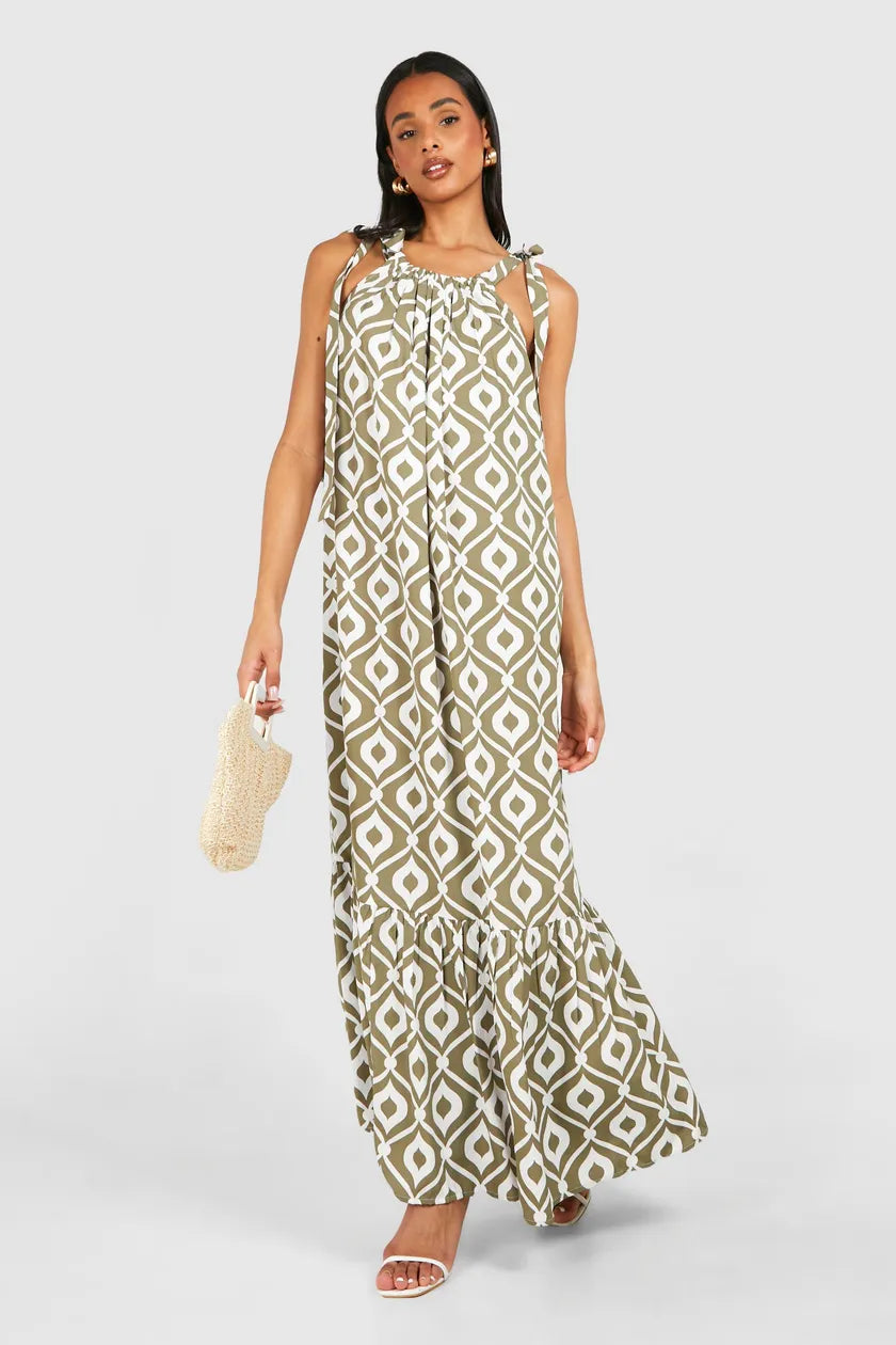 White maxi dress -Khaki Tall Abstract Printed Maxi Dress