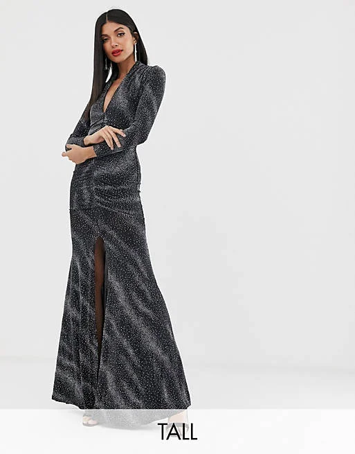 Maxi dress for family gathering -Metallic Plunge Maxi Dress