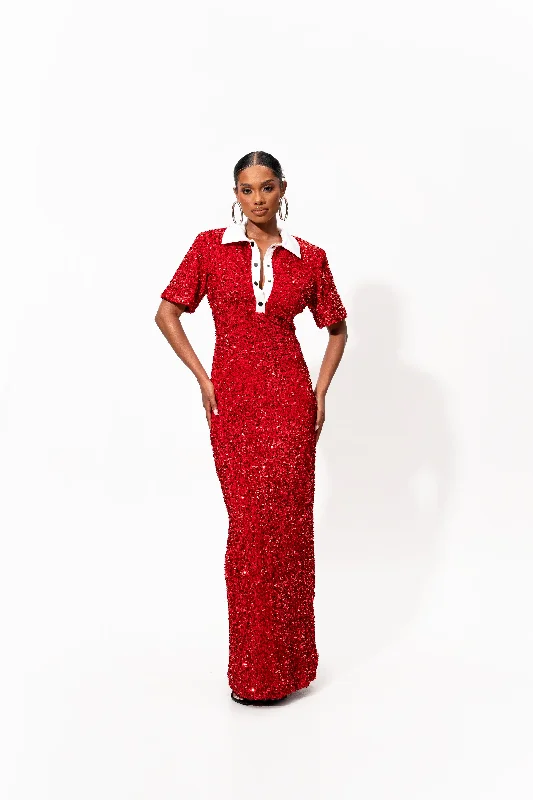 Maxi dress with long sleeves -DAYA Sequin Maxi Dress in RUBY