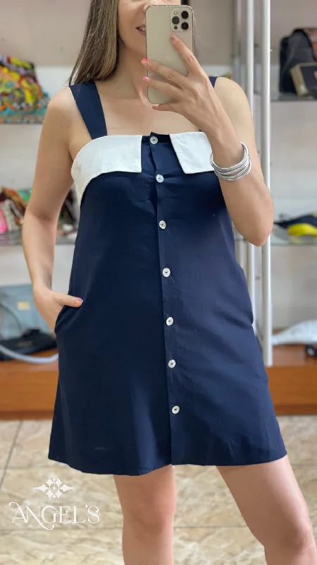 Mini dress with color blocking -Navy Button Down Mini Dress