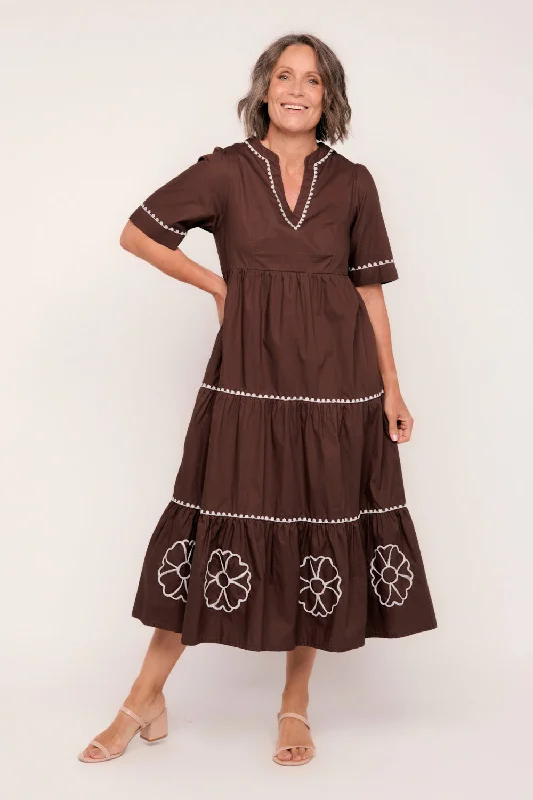 Maxi dress with halter neckline -Sabre V-Neck Poplin Dress in Chocolate