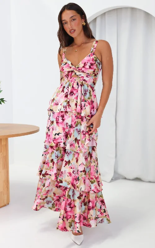 Maxi dress with asymmetrical design -Cherika Maxi Dress - Pink Multi Floral