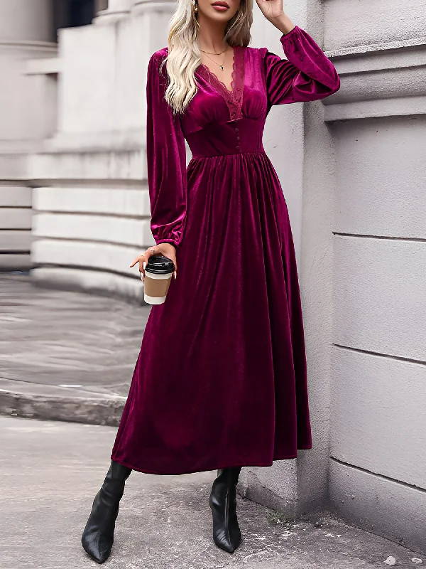 Maxi dress for family gathering -Lace Paneled Solid Color Velvet Long Sleeve Maxi Dress