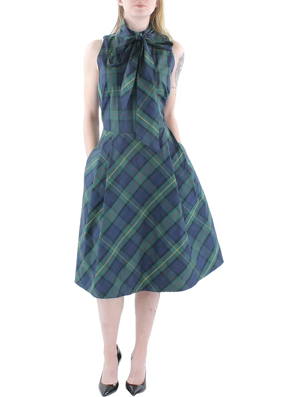 Elegant midi dress -Womens Taffeta Plaid Midi Dress