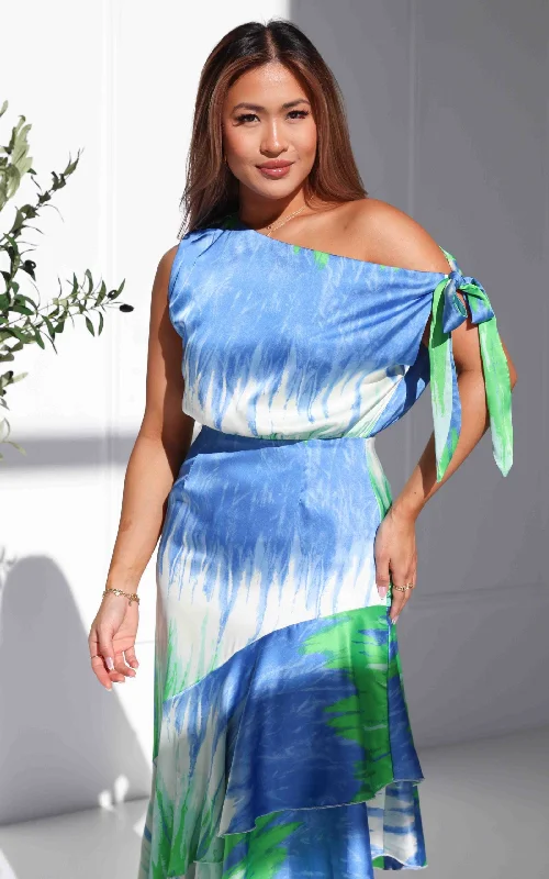 Maxi dress with asymmetrical design -Kayla Maxi Dress - Blue Green Print