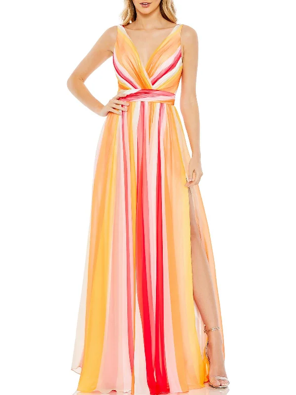 Maxi dress with wrap-around style -Womens Chiffon Maxi Evening Dress