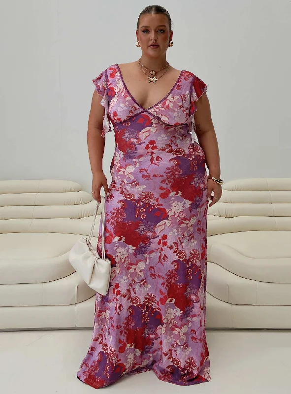 Maxi dress with dramatic slit -Soleila Maxi Dress Purple Multi Curve