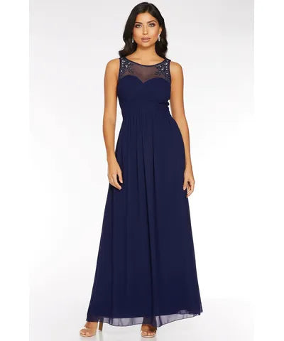 Maxi dress with button details -Mesh Embellished Sweetheart Neckline Maxi Dress