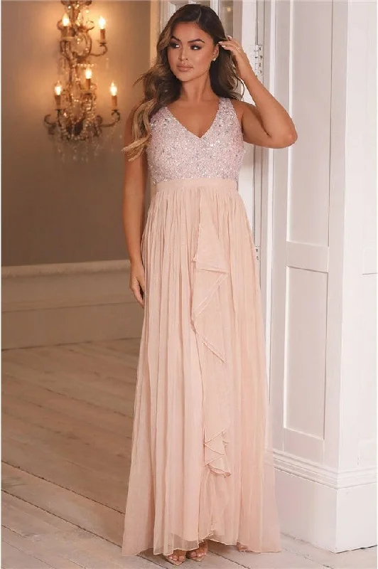 Maxi dress with mermaid style -V-Neck Sequin Maxi Dress Pink