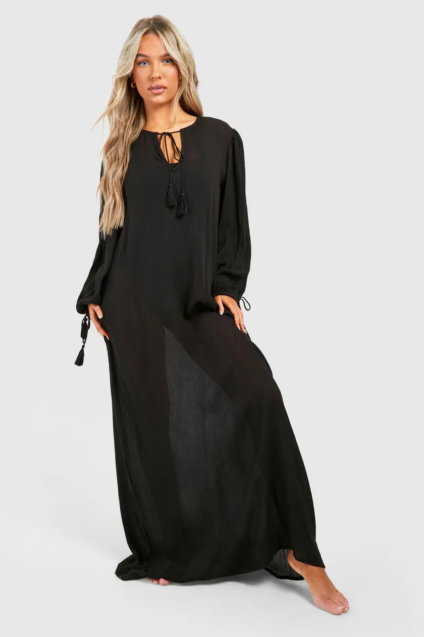 Maxi dress for women -Cheesecloth Tassel Beach Maxi Kaftan Dress Black