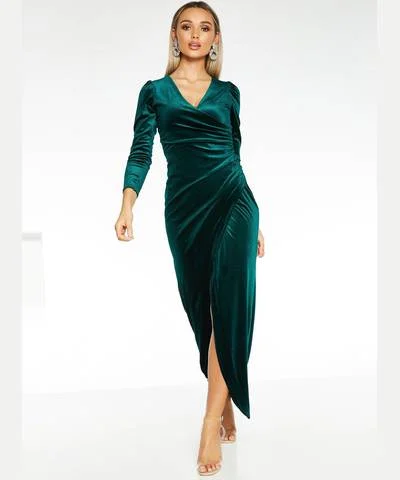 Maxi dress with pleated skirt -Green Velvet Wrap Maxi Dress