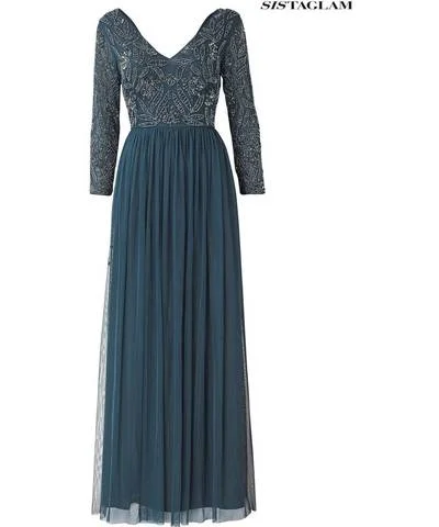 Maxi dress with long sleeves -Dark Teal Beaded Longsleeve Maxi Dress