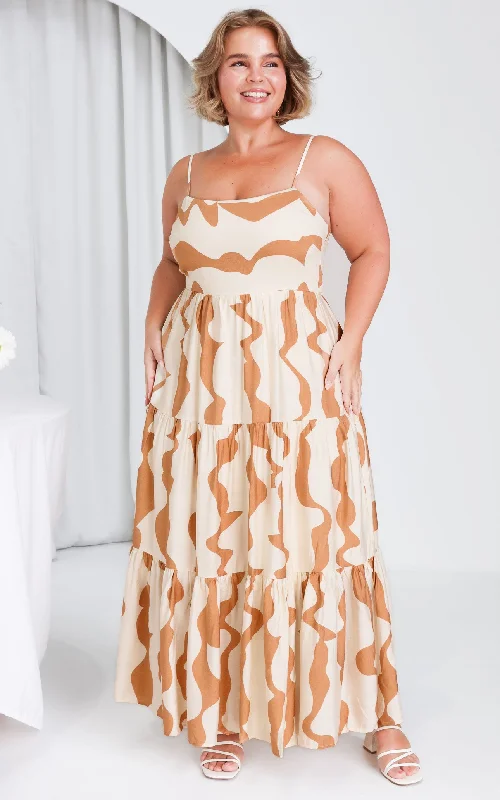 Maxi dress for fancy dinner -Santos Maxi Dress - Brown Wave Print