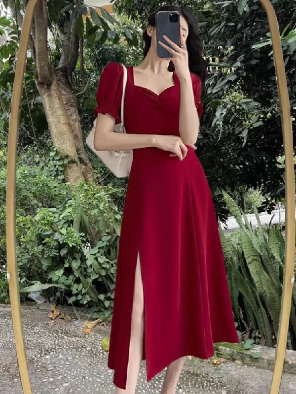 Maxi dress with pleated bodice -red dress for women new style puff sleeve slit long skirt    S3465