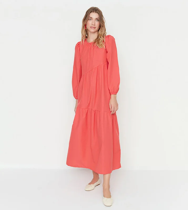 Maxi dress with high-low hem -Coral Woven Maxi Dress