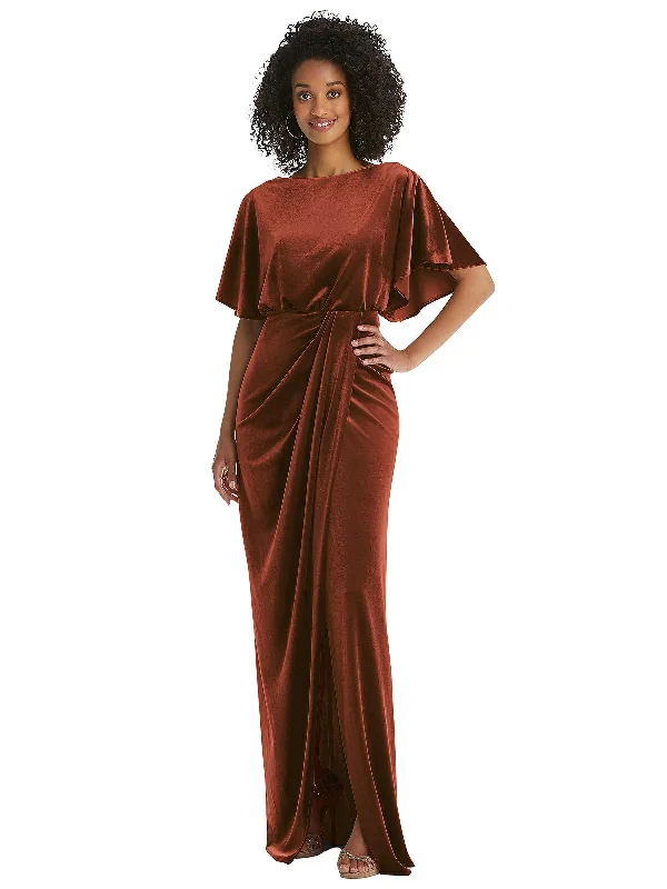 Maxi dress for special occasions -Flutter Sleeve Open-Back Velvet Maxi Dress with Draped Wrap Skirt