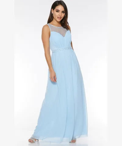 Maxi dress with deep neckline -Chiffon Embellished High Neck Maxi Dress