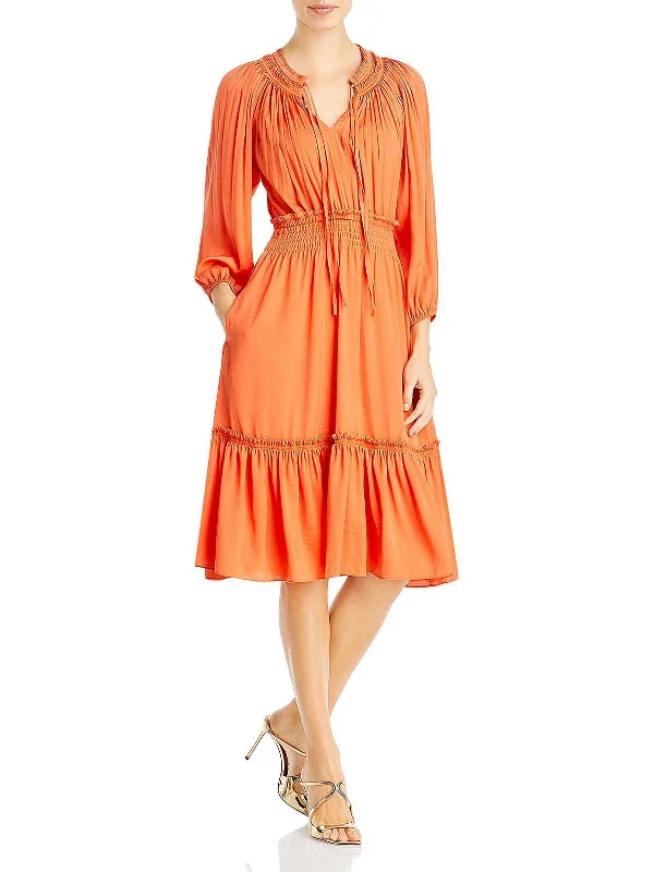 Midi dress for resort wear -Womens Smocked Mid Calf Midi Dress