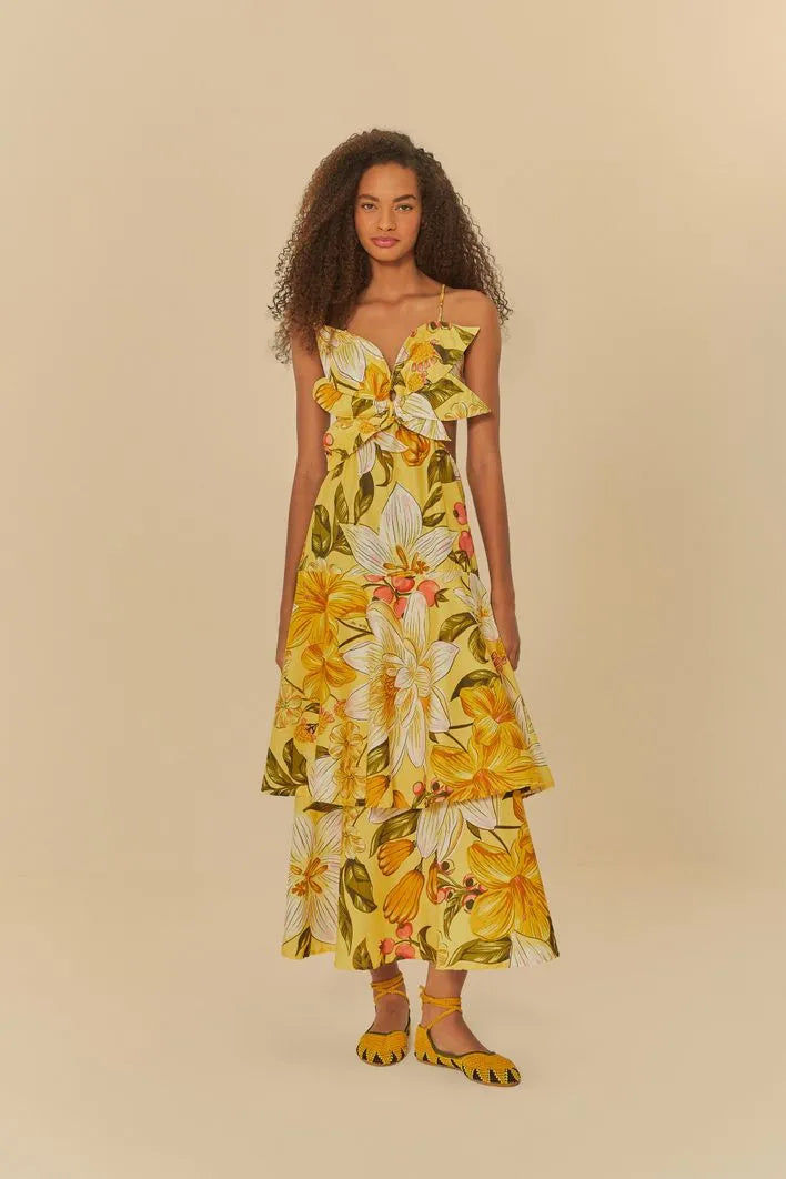 Maxi dress with embroidered fabric -Vestido Flor Floral Ararajuba Corrida