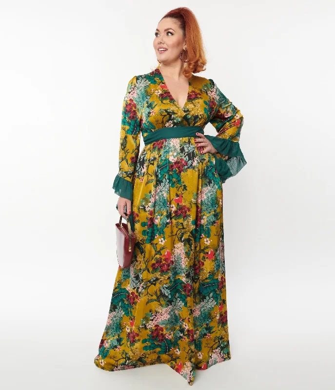 Maxi dress for vacation -Unique Vintage Yellow & Teal Floral Print Maxi Dress