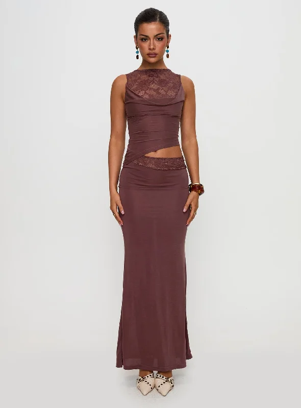 Maxi dress with shimmer fabric -Vesperine Lace Maxi Dress Cocoa Brown