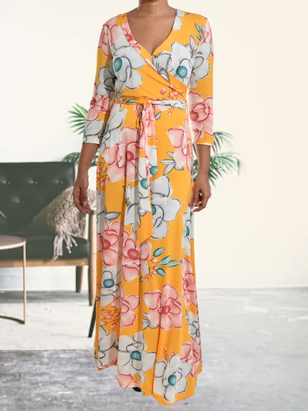 Long maxi dress -Ladies Yellow Tie Front Maxi Dress