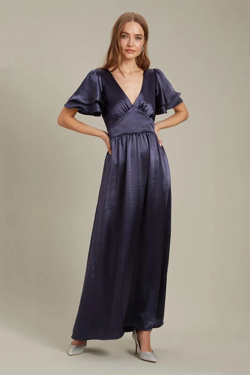 Maxi dress with tulle -Satin Frill Sleeve Maxi Dress Navy