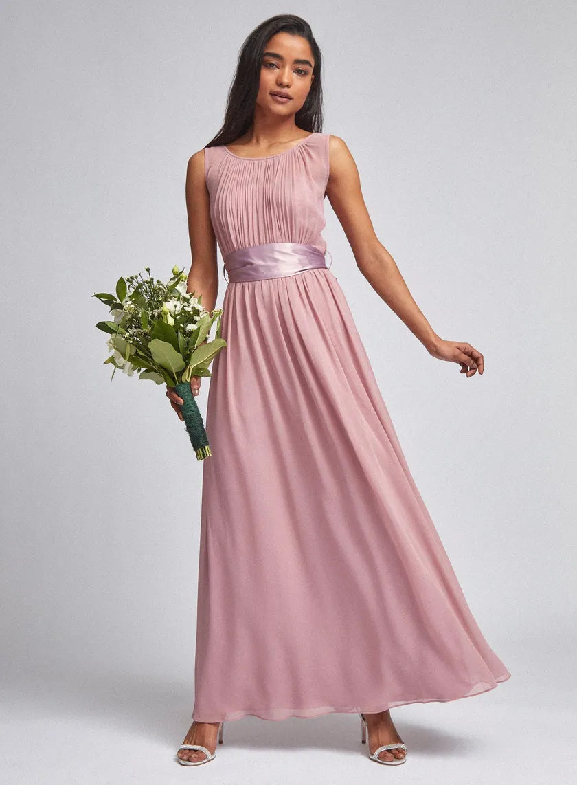 Maxi dress with belt -Petite Natalie Rose Pink Maxi